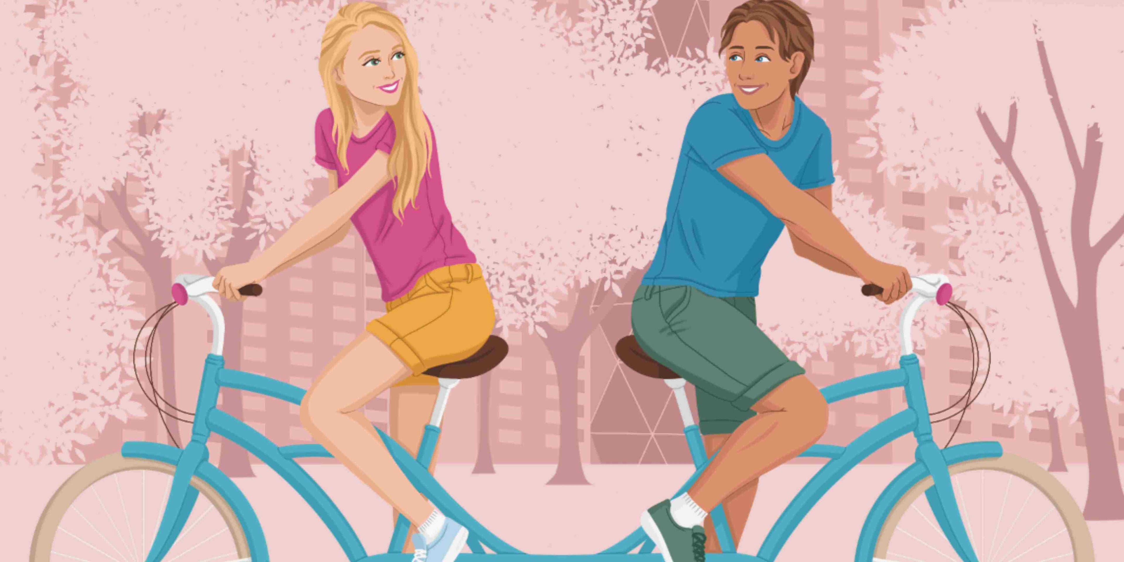 A woman  and a man on a two-person bicycle, but the handlebars are facing in opposite directions but they are looking at each other flirtatiously
